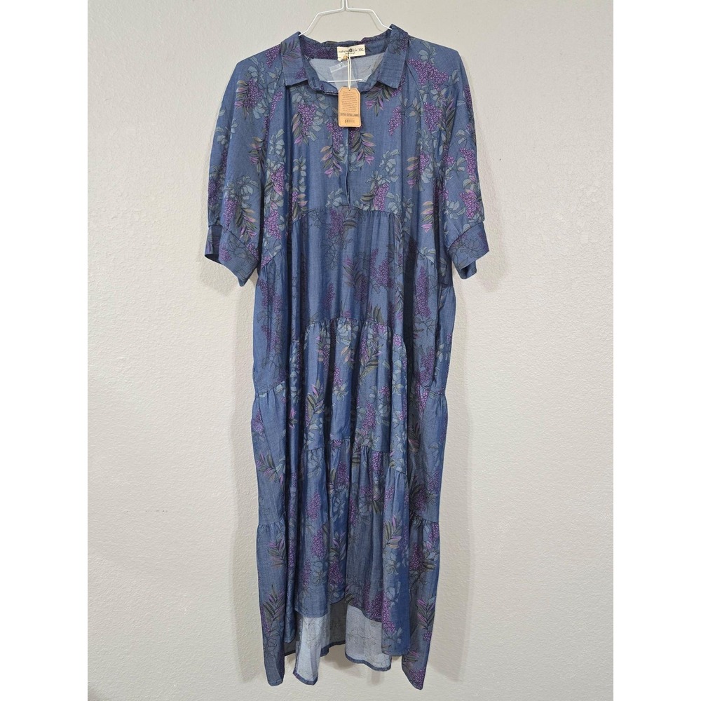 Natural Life Shirt Dress Womens XXL Blue Floral Collared Tiered Boho Pockets
